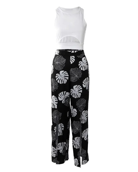 Trendy Hollow White Crop Top With Black/White Floral Split Pants