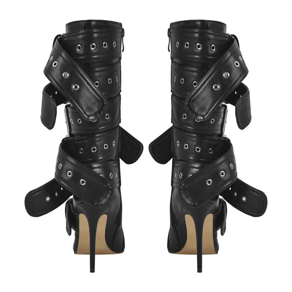 Trendy Pointed Toe Mid-Calf Buckle Strap Heel Boots - TrendsetterbyTracy Boutique