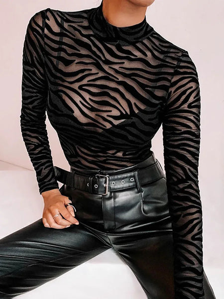Trendy Mesh Striped Black Bodysuit