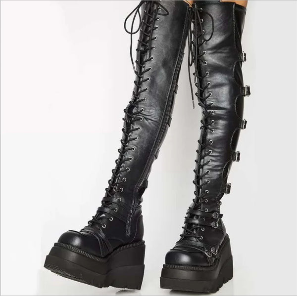 Trendy Black Thigh High Platform Wedges Boots