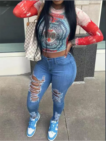 Trendy Ripped High Waist Denim Jeans