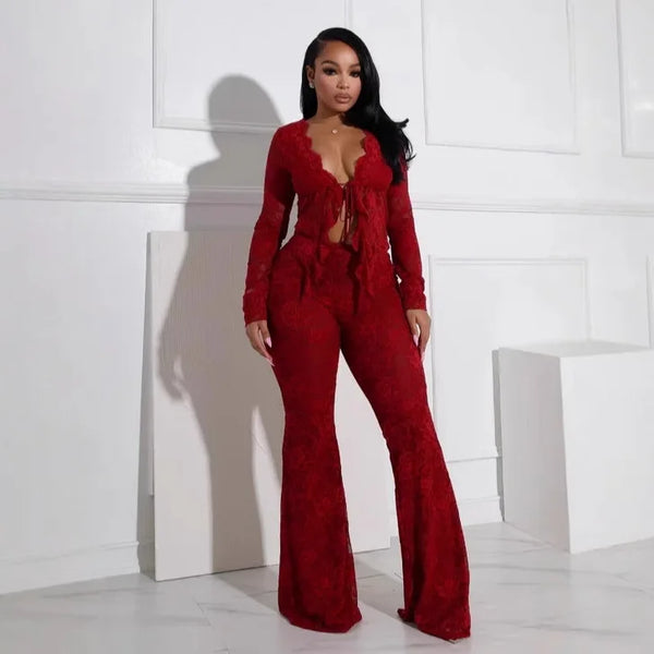 Trendy Lace Cardigan Fringed Two Piece Wide Leg Pants Set