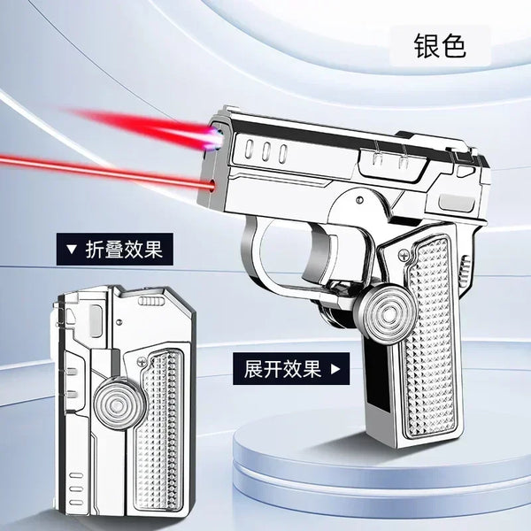 Metal Folding Gun Style Inflatable Lighter Windproof Butane Gas Jet Red Flame Gyroscope Lighter with Laser for Men's Small Tool