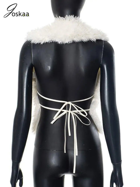 Trendy Furry Halter Backless Tie-Up Vest