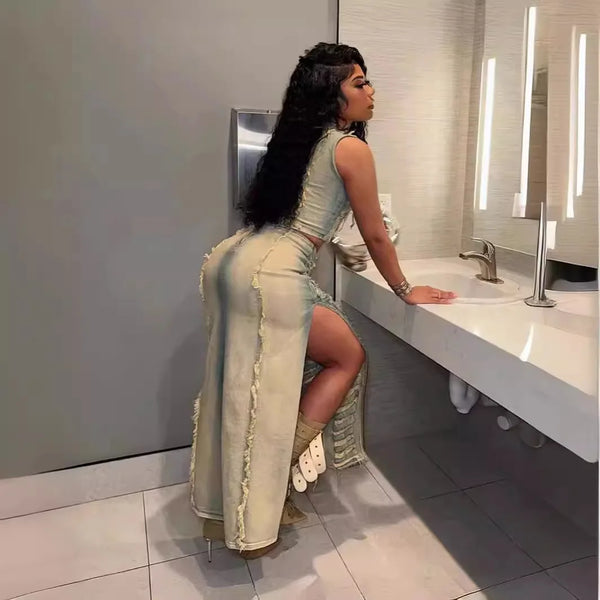 Trendy Denim Hollow Out Vest And High Slit Skirt Set