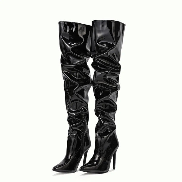 Trendy Over Knee Pleated Patent Leather High  Heel Boots - TrendsetterbyTracy Boutique