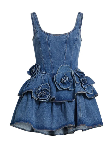 Trendy Floral Denim Mini Party Halter Dress