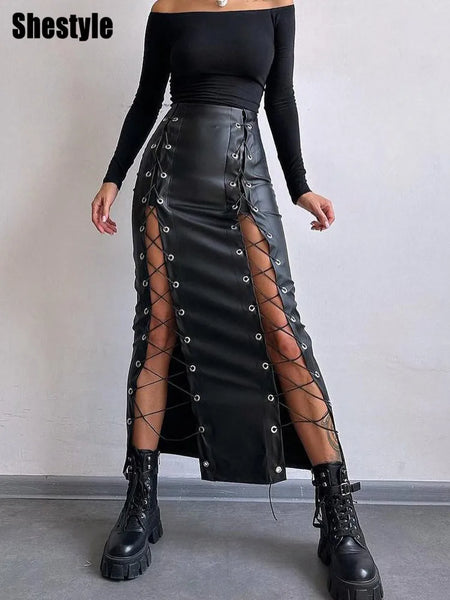 Trendy Lace Up Bandage Hollow Out Faux Leather Skirt
