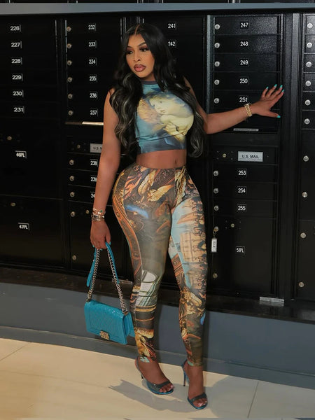 Trendy Two Piece Aesthetic Print Crop Top And Bottom Outfit