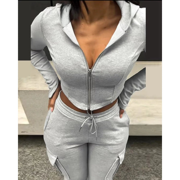 Trendy Hooded Casual Crop Jacket And Pants Set