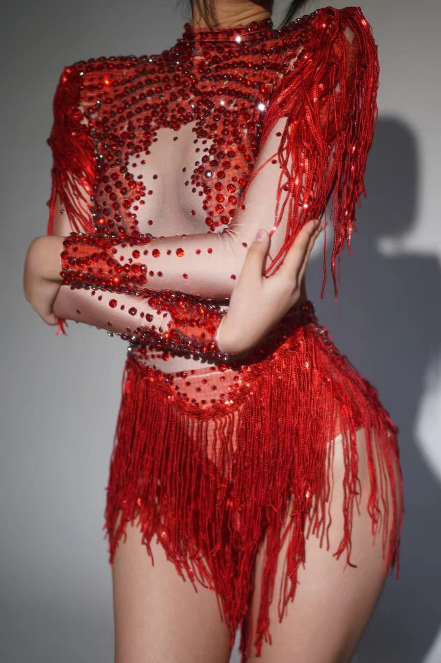 Trendy Sequins Tassel Bodysuit Party Dress