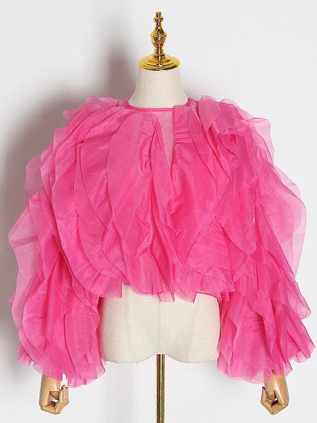 Trendy Lantern Mesh Ruffle Blouse