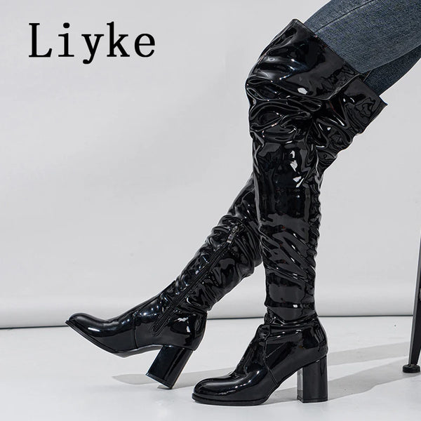 Trendy Thigh High Patent Leather Knee High Boots
