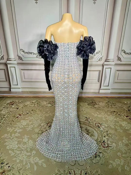 Trendy Silver Sparkle Mermaid Formal Dress With Black Puff Sleeves