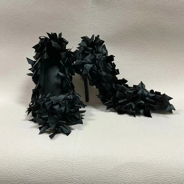 Trendy Black Satan Butterfly Knot High Heel Pumps