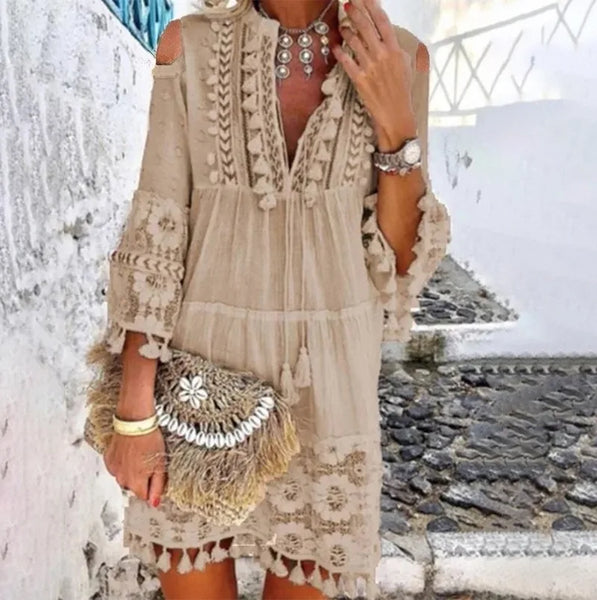 Trendy Crochet Lace Off The Shoulder Boho Dress