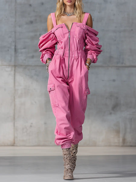 Trendy Pink  Denim Cargo Pants Romper Jumpsuit