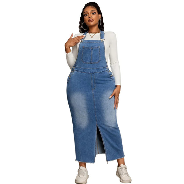 Trendy Plus Size Denim Overall Jean Dress With Front Slit