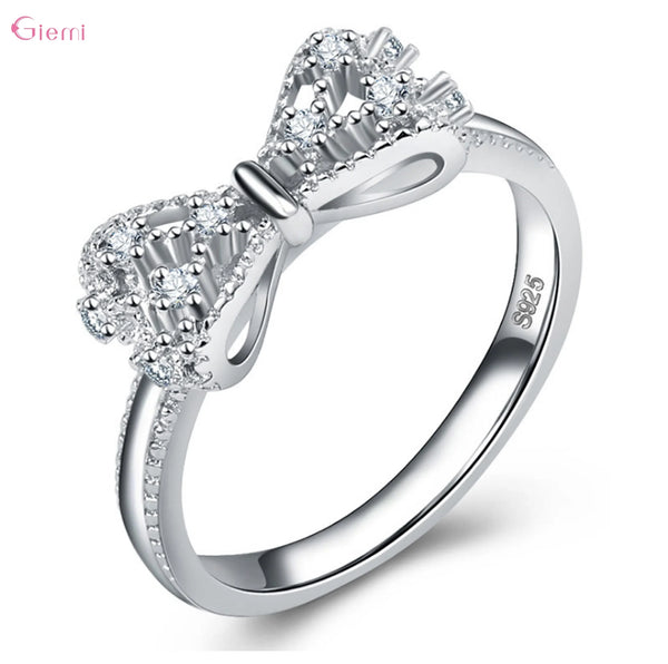 Trendy Sterling Silver Bowknot Cubic Zirconia Rhinestone Ring