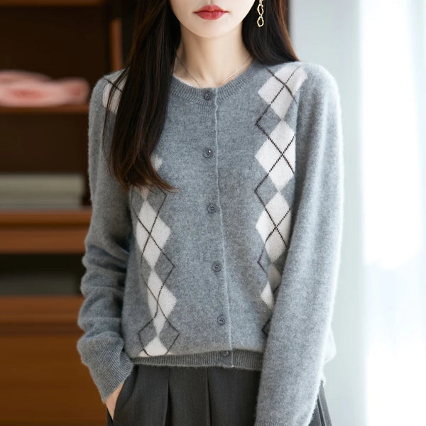 Trendy Merino Wool O-neck Diamond Grid Cardigan Sweater