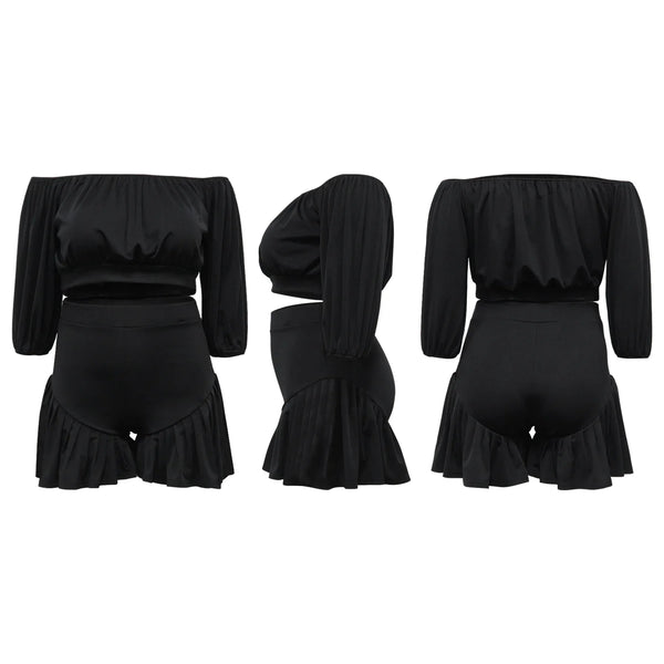 Trendy Plus Size Ruffle Low Cut Crop Top And Bottom Set