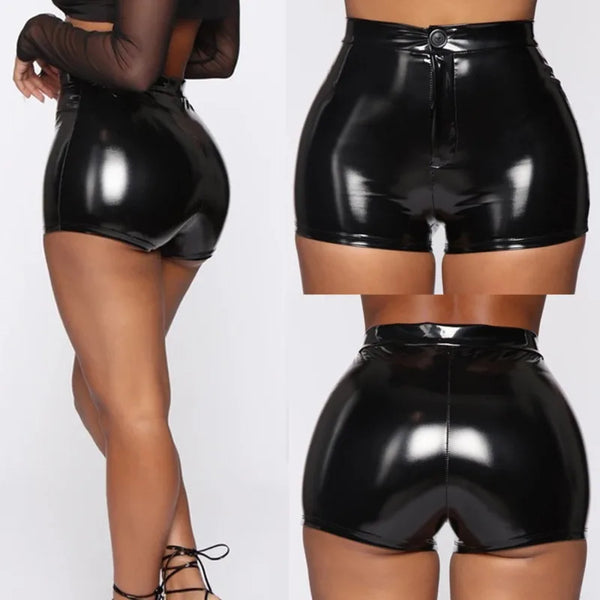 Trendy High Waist Faux Leather Black Shorts