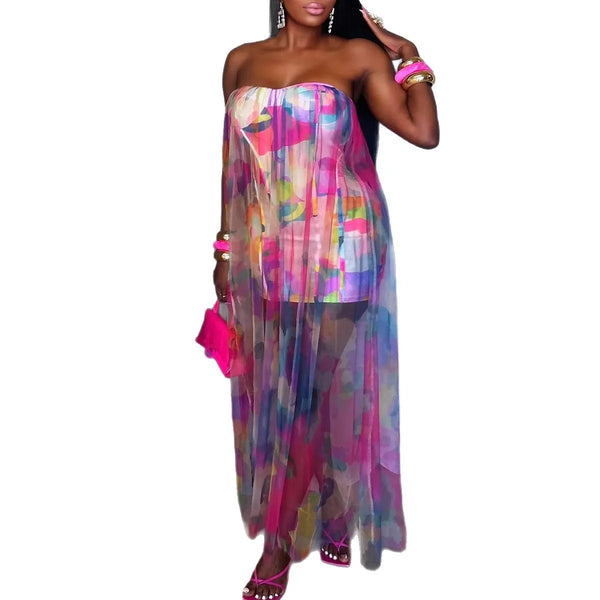 Trendy Tie Dye Print Strapless Mesh Maxi Dress