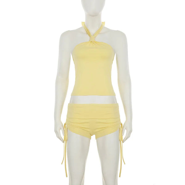 Trendy Yellow Yoga Halter Two Piece Drawstring Bottoms Set