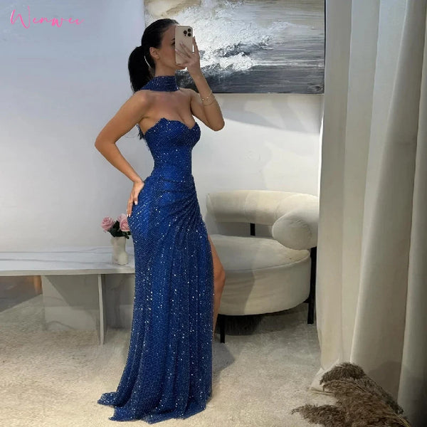 Trendy Mermaid Strapless Navy Blue Sparkle Split Formal Dress