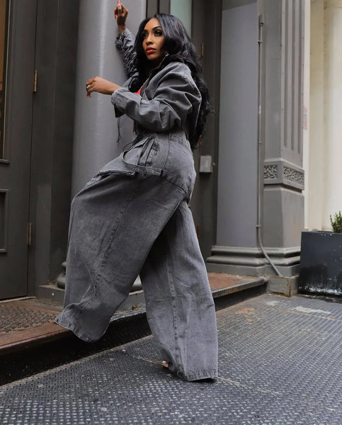 Trendy Retro Wide Loose Denim Two Piece Set