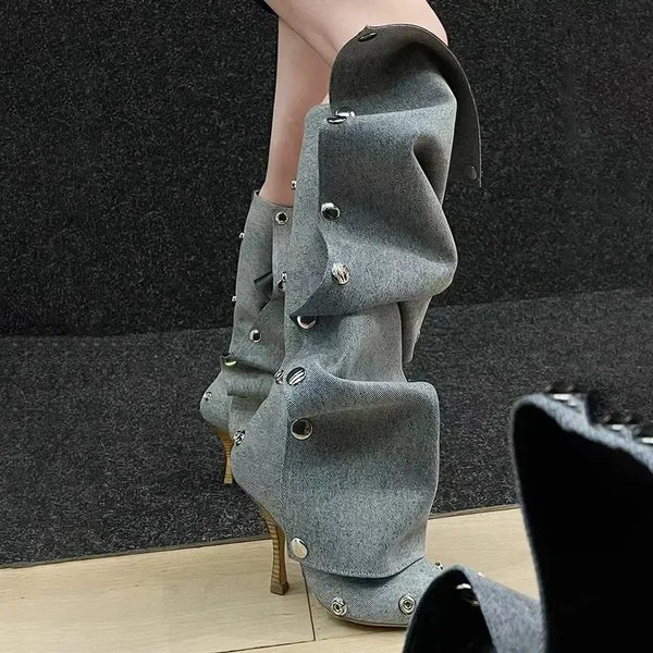 Trendy High Heel Pointed Denim Metal Button Artsy Boots - TrendsetterbyTracy Boutique