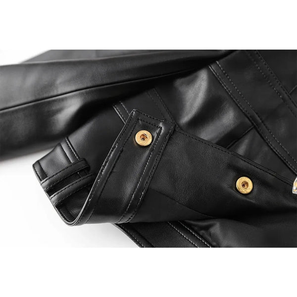 Trendy Black Crop Leather Jacket With Gold Buttons - TrendsetterbyTracy Boutique