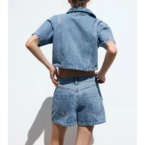 Trendy Denim Scooter Skirt  With Retro Crop Top