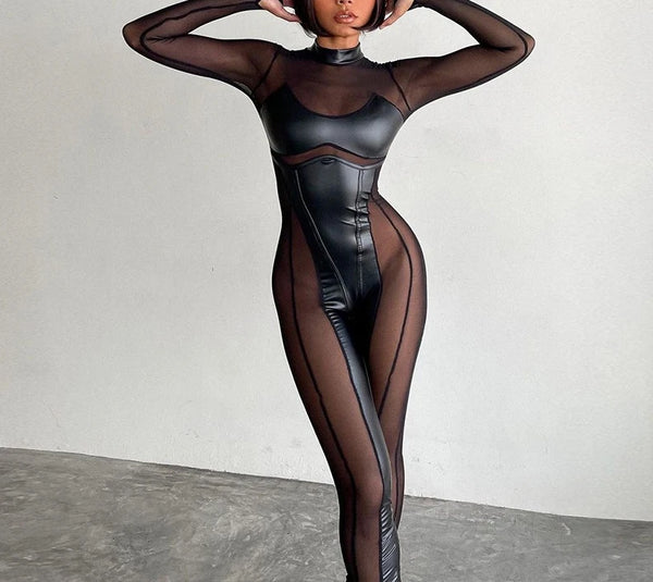 Trendy Black Faux Leather Mesh Patchwork Jumpsuit