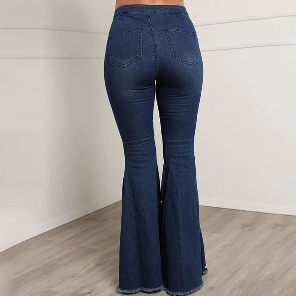 Trendy Rhinestone Flare Stoned Washed Denim Jeans