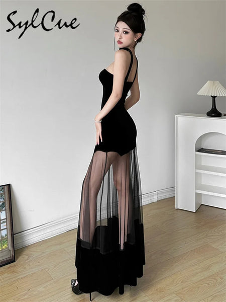 Trendy Mesh Black Halter Formal Dress