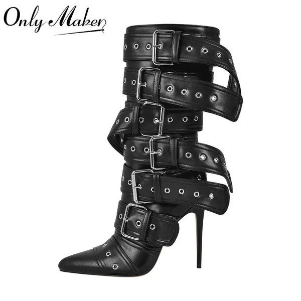 Trendy Pointed Toe Mid-Calf Buckle Strap Heel Boots - TrendsetterbyTracy Boutique