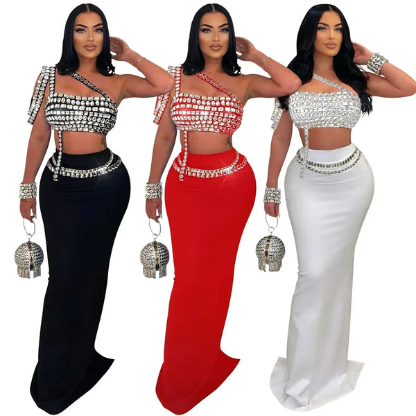 Trendy Bedazzled Gems Crop Top And Long Skirt Set