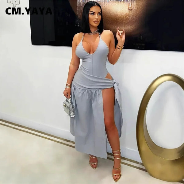 Trendy High Split Halter Bandage Tied Maxi Dress