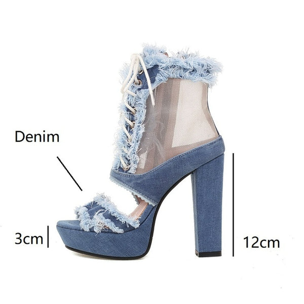 Trendy Gladiator Floral Lace Denim High Heels - TrendsetterbyTracy Boutique