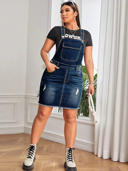 Trendy Plus Size Blue Denim Overall Dress