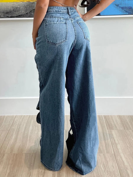 Trendy Hollow Out High Waist Patchwork Wide Leg Jeans - TrendsetterbyTracy Boutique