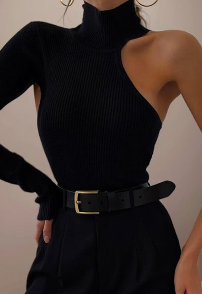 Trendy Black One Sleeve Turtleneck Blouse - TrendsetterbyTracy Boutique