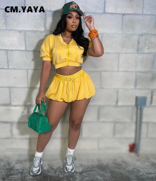 Trendy Short Crop Top Jacket With Lantern Mini Skirt