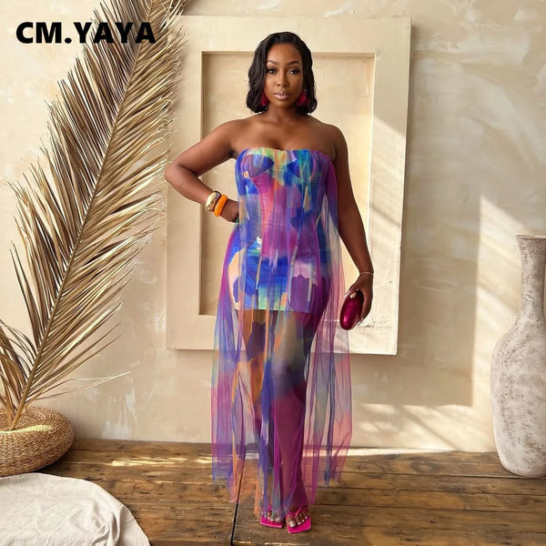 Trendy Tie Dye Print Strapless Mesh Maxi Dress