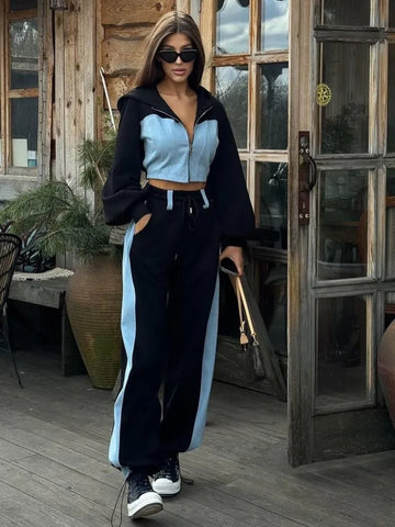 Trendy Two Piece Flare Crop Jacket And Pants Set