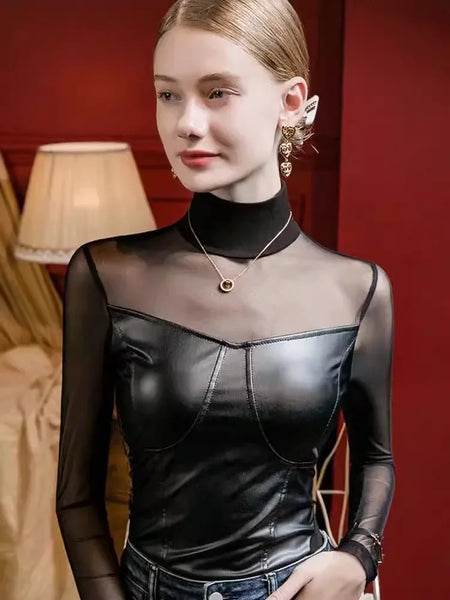 Trendy High Collar Mesh Leather Long-Sleeve - TrendsetterbyTracy Boutique