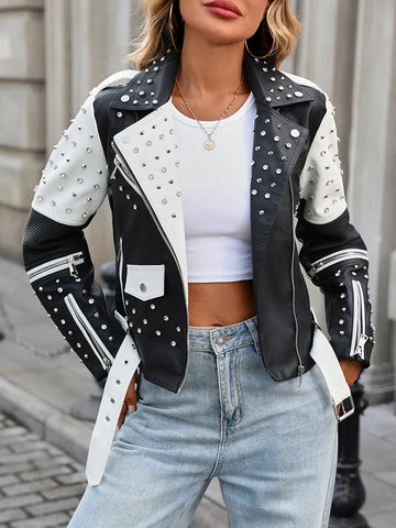 Trendy Autumn Black & White Faux Leather Jacket