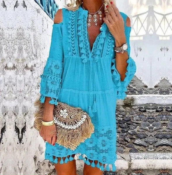 Trendy Crochet Lace Off The Shoulder Boho Dress