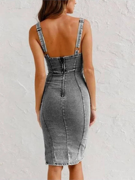 Trendy Halter Denim Fitted Dress With Slit